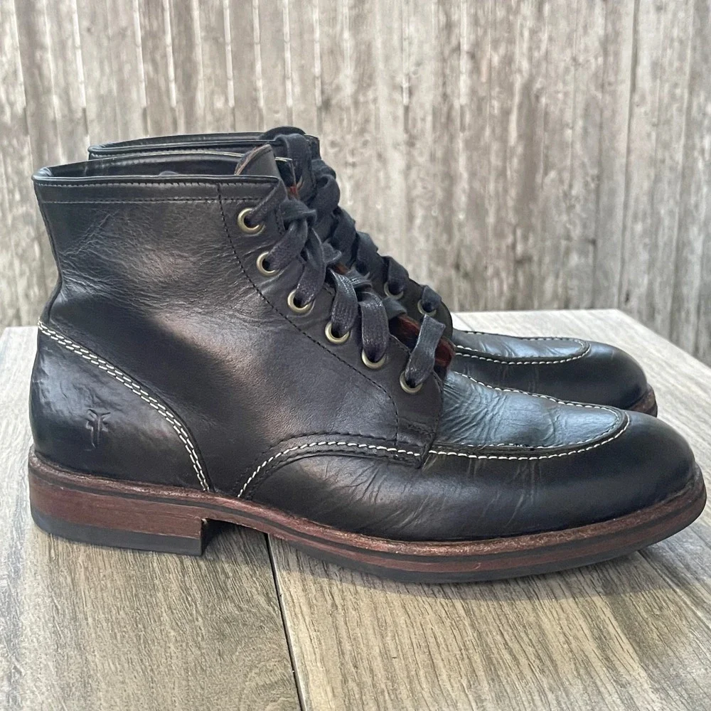 Frye Arkansas Logger Boots Men 7.5 D Black Leather Lace Up Ankle 3487107 Moc Toe